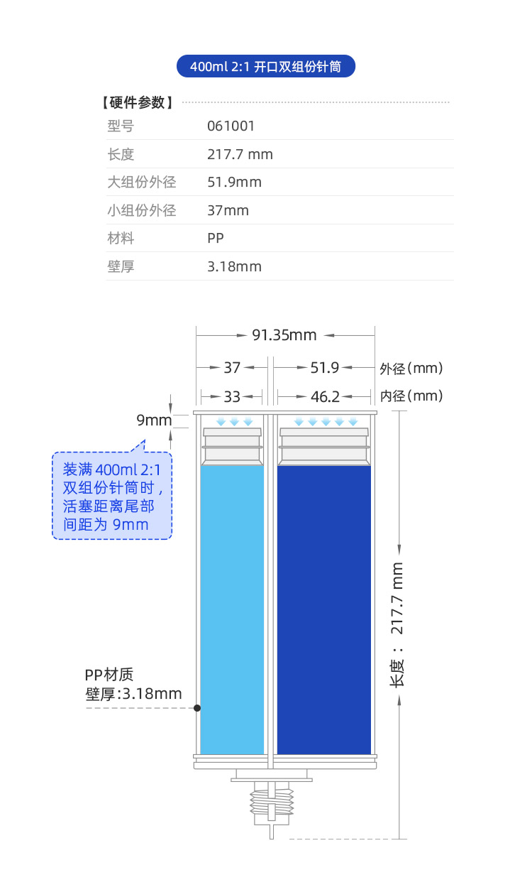 400ml 2:1 雙組份針筒